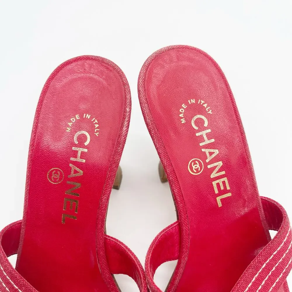 Chanel Vintage Red Canvas CC Nautical Cross Strap Slide Mule Sandal Heels EU 38